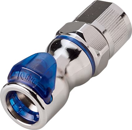 Straight, Thumb Latch - LQ6 Non-Spill Series Female to PTF (Push to Fit) 12,7mm (1/2") OD, Chrome Plated Brass Blue, 3/8" Flow, Plastic Latch