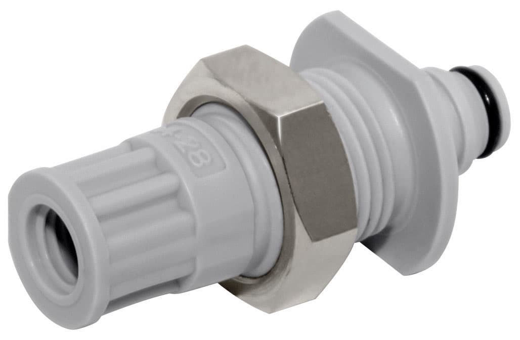 Panel Mount, Thumb Latch - NS1 Non-Spill Series Male to UNF 1/4"-28, PP (Polypropylene) - Glass Filled Grey, 1/16" Flow