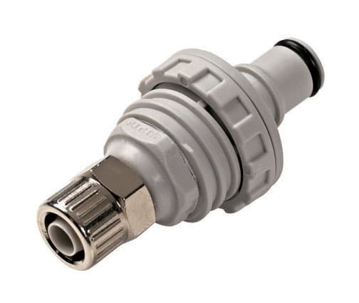 Panel Mount, Thumb Latch - NS4 Non-Spill Series Male to PTF (Push to Fit) 9,5mm (3/8") OD, PP (Polypropylene) - Glass Filled Grey, 1/4" Flow