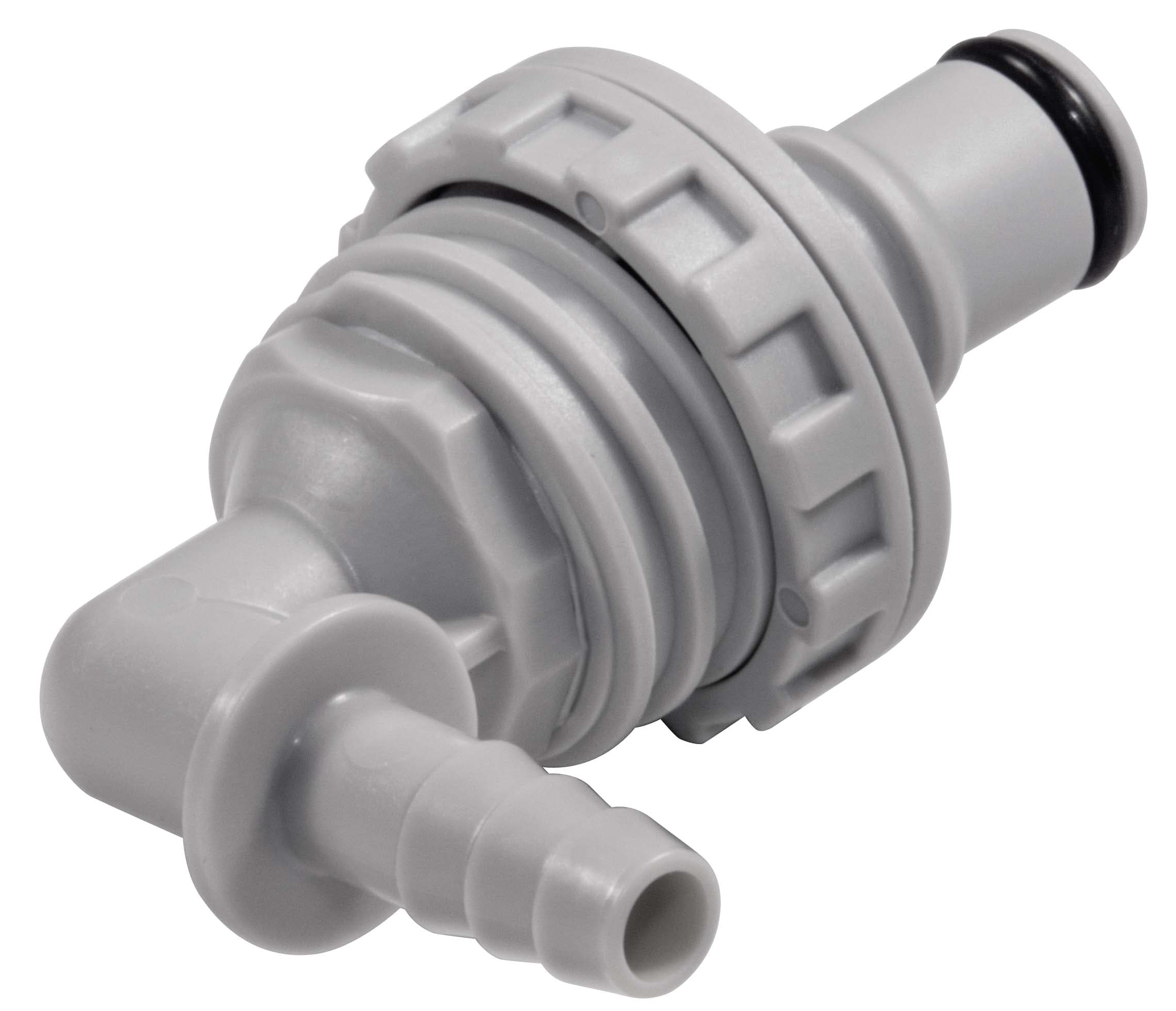 Panel Mount Elbow, Thumb Latch - NS4 Non-Spill Series Male to Tube Fitment 6,4mm (1/4") ID, PP (Polypropylene) - Glass Filled Grey, 1/4" Flow