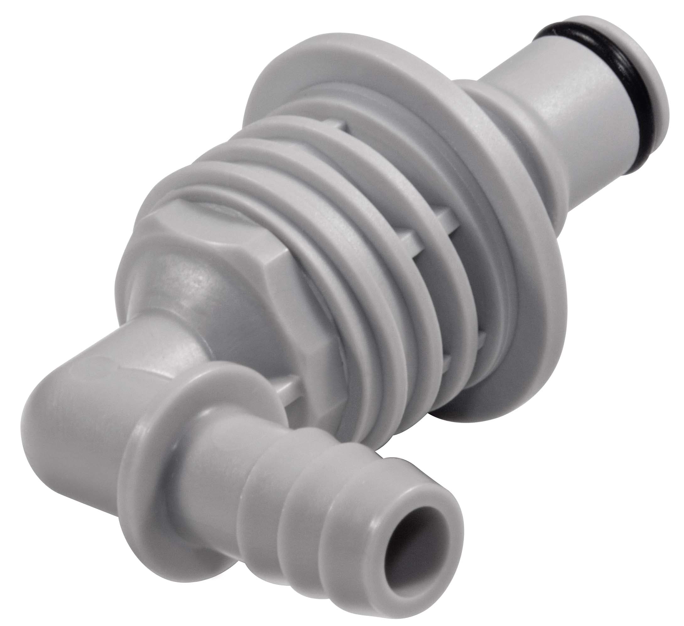 Panel Mount Elbow, Thumb Latch - NS4 Non-Spill Series Male to Tube Fitment 9,5mm (3/8") ID, PP (Polypropylene) - Glass Filled Grey, 1/4" Flow