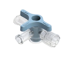 4-Way Stopcock, 29psi, Luer Female to Luer Male - Lock, ON Handle, T-Style, Blue Large Bore, PC (Polycarbonate) Clear, w/o Caps