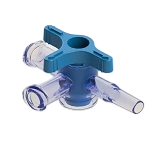 4-Way Stopcock, 29psi, Luer Female to Luer Male - Slip, ON Handle, T-Style, Blue PC (Polycarbonate) - Radiostable Clear, w/o Caps