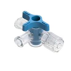 4-Way Stopcock, 43psi (3 bar), Luer Female to Luer Male - Lock, ON Handle, T-Style, Blue PC (Polycarbonate) Clear, w/o Caps
