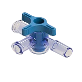 4-Way Stopcock, 43psi (3 bar), Luer Female to Tube Pocket 4,1mm (.161") OD, ON Handle, T-Style, Blue PC (Polycarbonate) - Radiostable Clear, w/o Caps