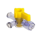 3-Way Stopcock, 43psi (3 bar), Luer Female to Luer Male - Lock, OFF Handle, GXL, Yellow, Short Nut, PC (Polycarbonate) - Radiostable Clear, w/o Caps