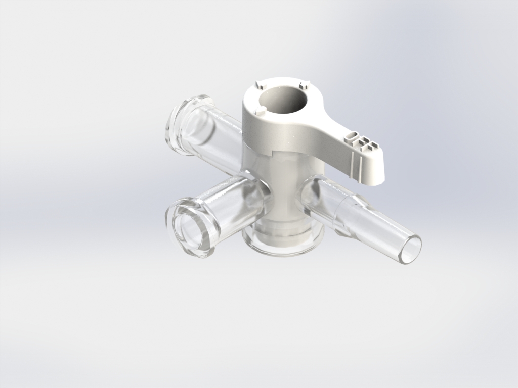 3-way stopcock, PC, White Luer Slip, w/o caps, Handle position over male port bns