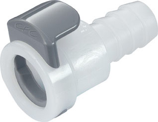 Straight, Thumb Latch - APC Series Female to Tube Fitment 9,5mm (3/8") ID, Acetal White, 1/4" Flow, Plastic Latch, NSF Version
