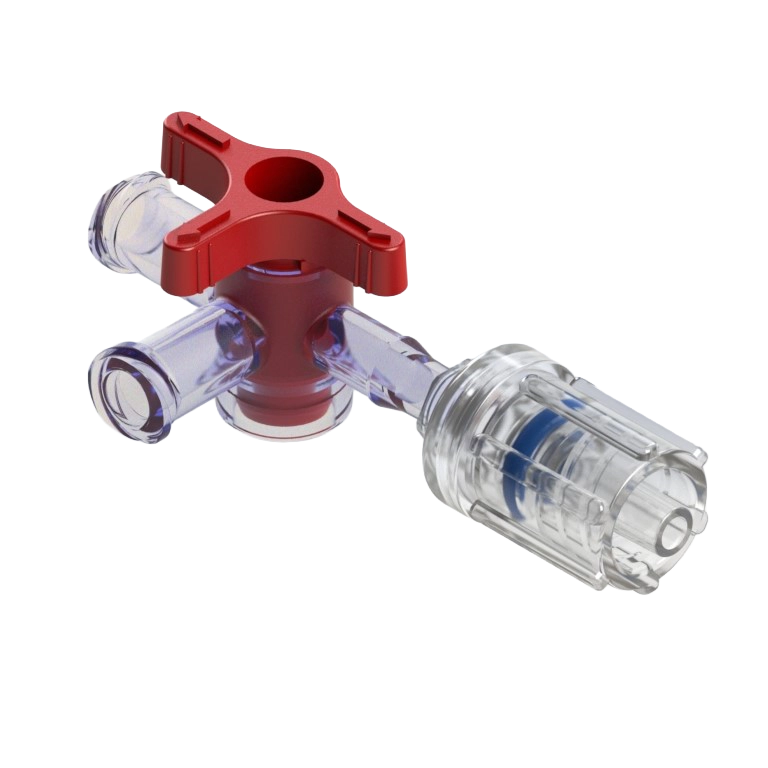 4-Way Stopcock, 43psi (3 bar), Luer Female to Luer Male - Rotating Adaptor, ON Handle, T-Style, Red , PC (Polycarbonate) Clear, w/o Caps