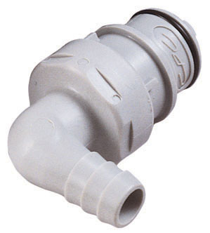 Elbow, Thumb Latch - HFC Series Male to Tube Fitment 9,5mm (3/8") ID, PP (Polypropylene) Grey, 1/2" Flow, NSF Version, FDA Buna N O-Ring