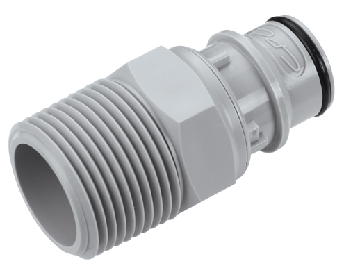 Straight, Thumb Latch - HFC Series Male to NPT 3/4", PP (Polypropylene) Grey, 1/2" Flow, NSF Version, FDA Buna N O-Ring