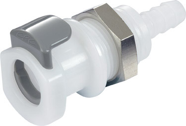 Panel Mount, Thumb Latch - APC Series Female to Tube Fitment 6,4mm (1/4") ID, Acetal White, 1/4" Flow, Plastic Latch, NSF Version