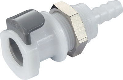 Panel Mount, Thumb Latch - APC Series Female to Tube Fitment 6,4mm (1/4") ID, Acetal White, 1/4" Flow, Plastic Latch, NSF Version, FDA EPDM O-Ring