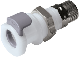 Panel Mount, Thumb Latch - APC Series Female to PTF (Push to Fit) 8,0mm (5/16") OD, Acetal White, 1/4" Flow, Plastic Latch