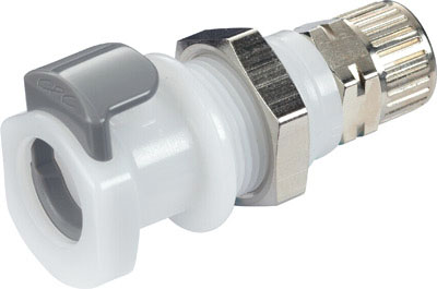 Panel Mount, Thumb Latch - APC Series Female to PTF (Push to Fit) 10,0mm (.394") OD, Acetal White, 1/4" Flow, Plastic Latch