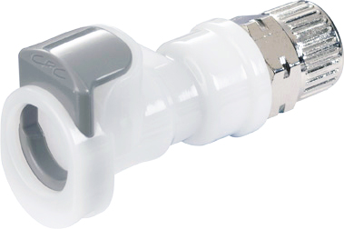 Straight, Thumb Latch - APC Series Female to PTF (Push to Fit) 10,0mm (.394") OD, Acetal White, 1/4" Flow, Plastic Latch