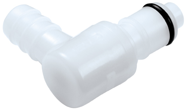 Elbow, Thumb Latch - APC Series Male to Tube Fitment 9,5mm (3/8") ID, Acetal White, 1/4" Flow