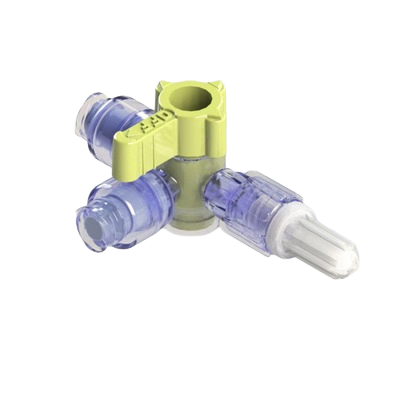 4-Way Stopcock, 29psi, Luer Male to Valve Male, OFF Handle, GXL, Yellow, Large Bore, PC (Polycarbonate) - Radiostable Clear, With Marvelous Valve, with Cap
