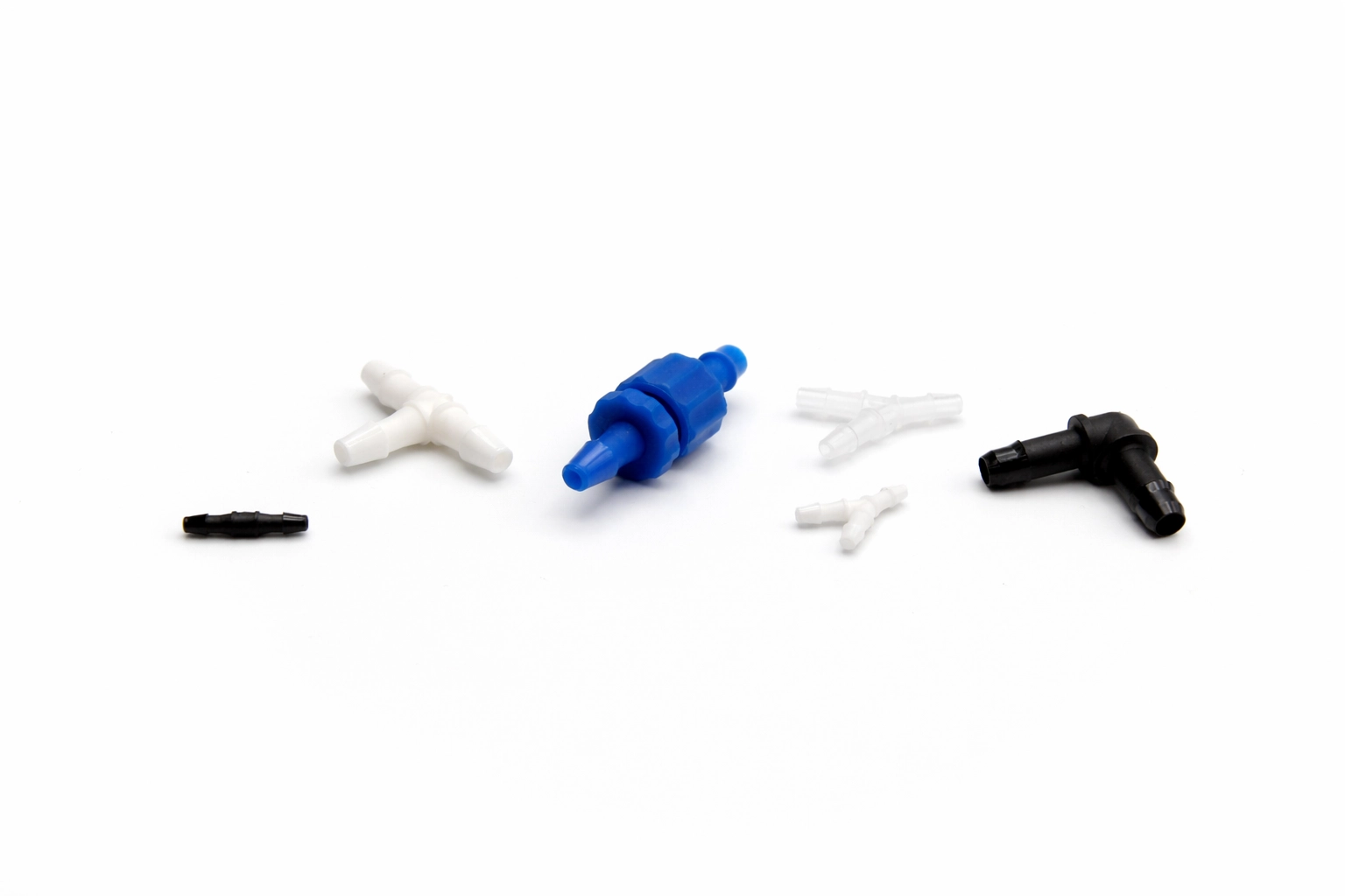 Mednet tube-to-tube barb connectors in straight, T, Y, X, L and panel-mount configurations for medical tubing