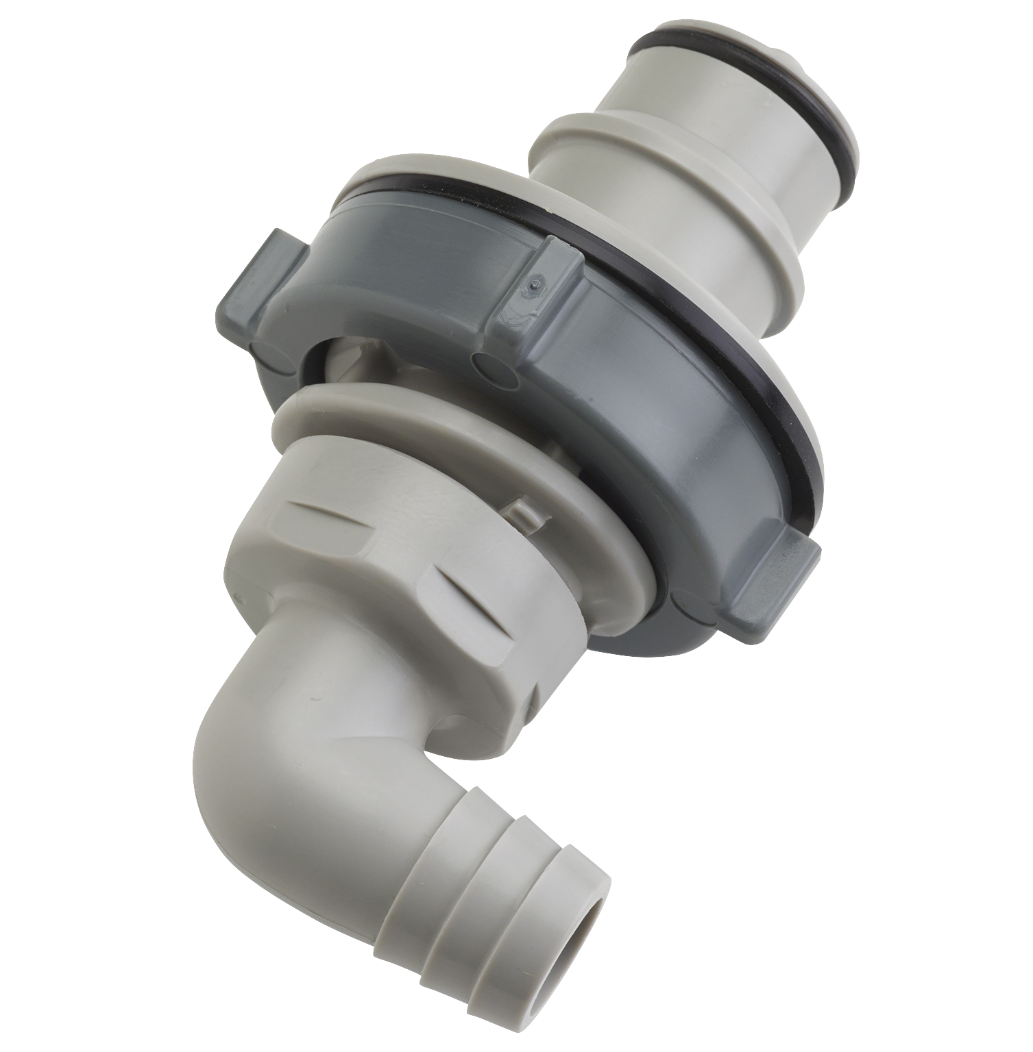 Panel Mount Elbow, Thumb Latch - HFC Series Male to Tube Fitment 12,7mm (1/2") ID, PP (Polypropylene) Grey, 1/2" Flow