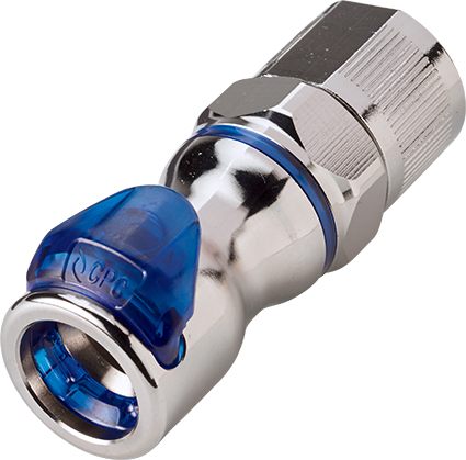 Straight, Thumb Latch - LQ6 Non-Spill Series Female to PTF (Push to Fit) 12,7mm (1/2") OD, Chrome Plated Brass Blue, 3/8" Flow, Plastic Latch