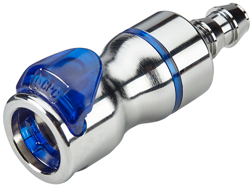 Straight, Thumb Latch - LQ6 Non-Spill Series Female to Tube Fitment 9,5mm (3/8") ID, Chrome Plated Brass Blue, 3/8" Flow, Plastic Latch