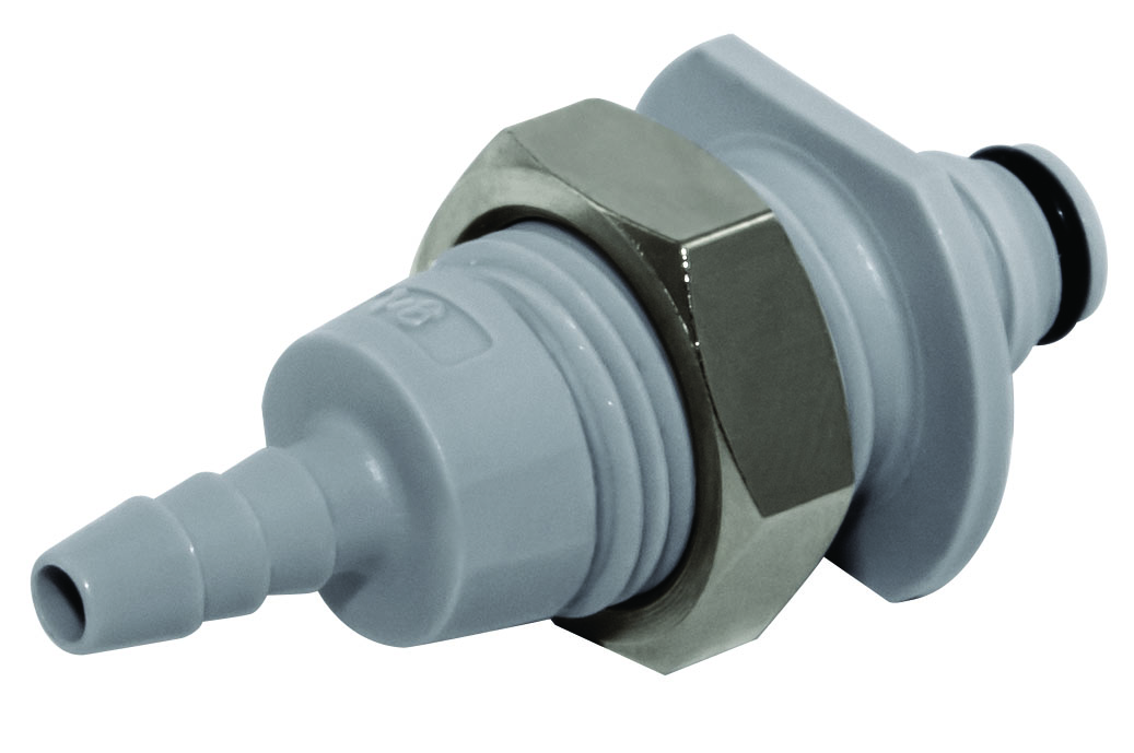 Panel Mount, Thumb Latch - NS1 Non-Spill Series Male to Tube Fitment 3,2mm (1/8") ID, PP (Polypropylene) - Glass Filled Grey, 1/16" Flow