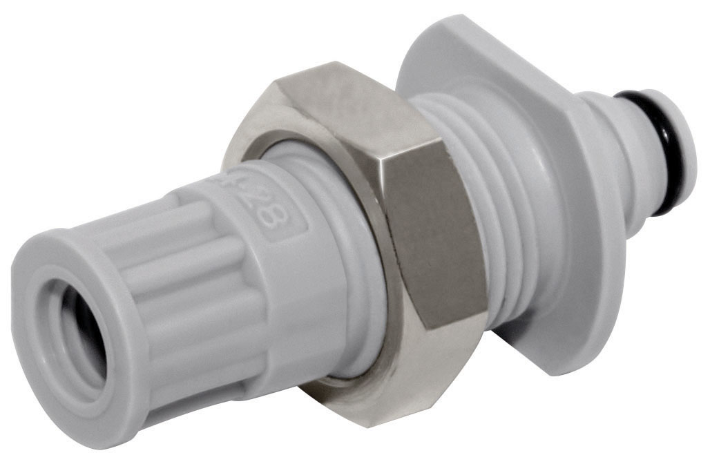 Panel Mount, Thumb Latch - NS1 Non-Spill Series Male to UNF 1/4"-28, PP (Polypropylene) - Glass Filled Grey, 1/16" Flow