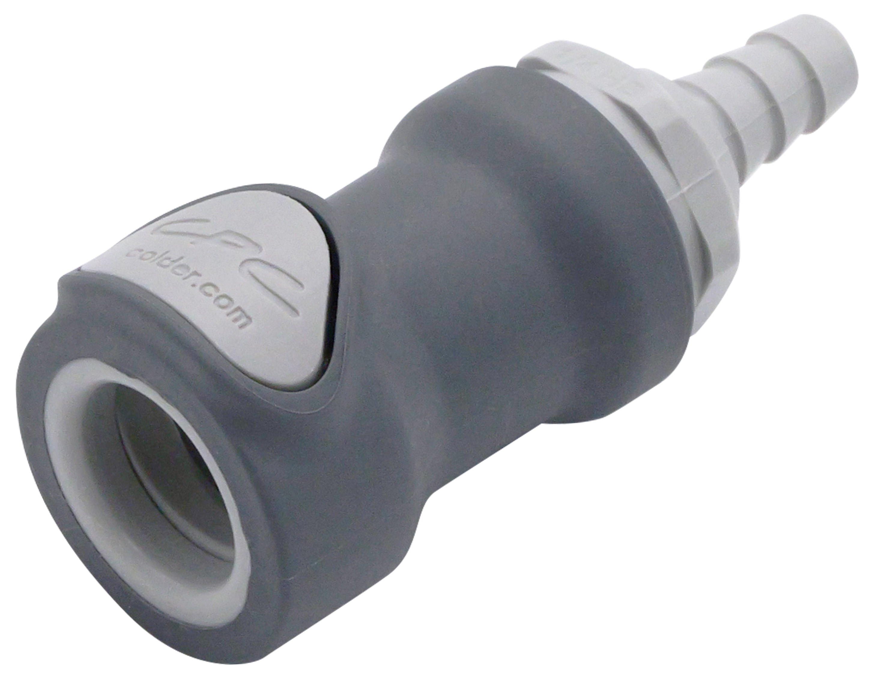 Straight, Thumb Latch - NS4 Non-Spill Series Female to Tube Fitment 6,4mm (1/4") ID, PP (Polypropylene) - Glass Filled Grey, 1/4" Flow, Plastic Latch