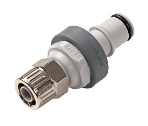 Straight, Thumb Latch - NS4 Non-Spill Series Male to PTF (Push to Fit) 9,5mm (3/8") OD, PP (Polypropylene) - Glass Filled Grey, 1/4" Flow