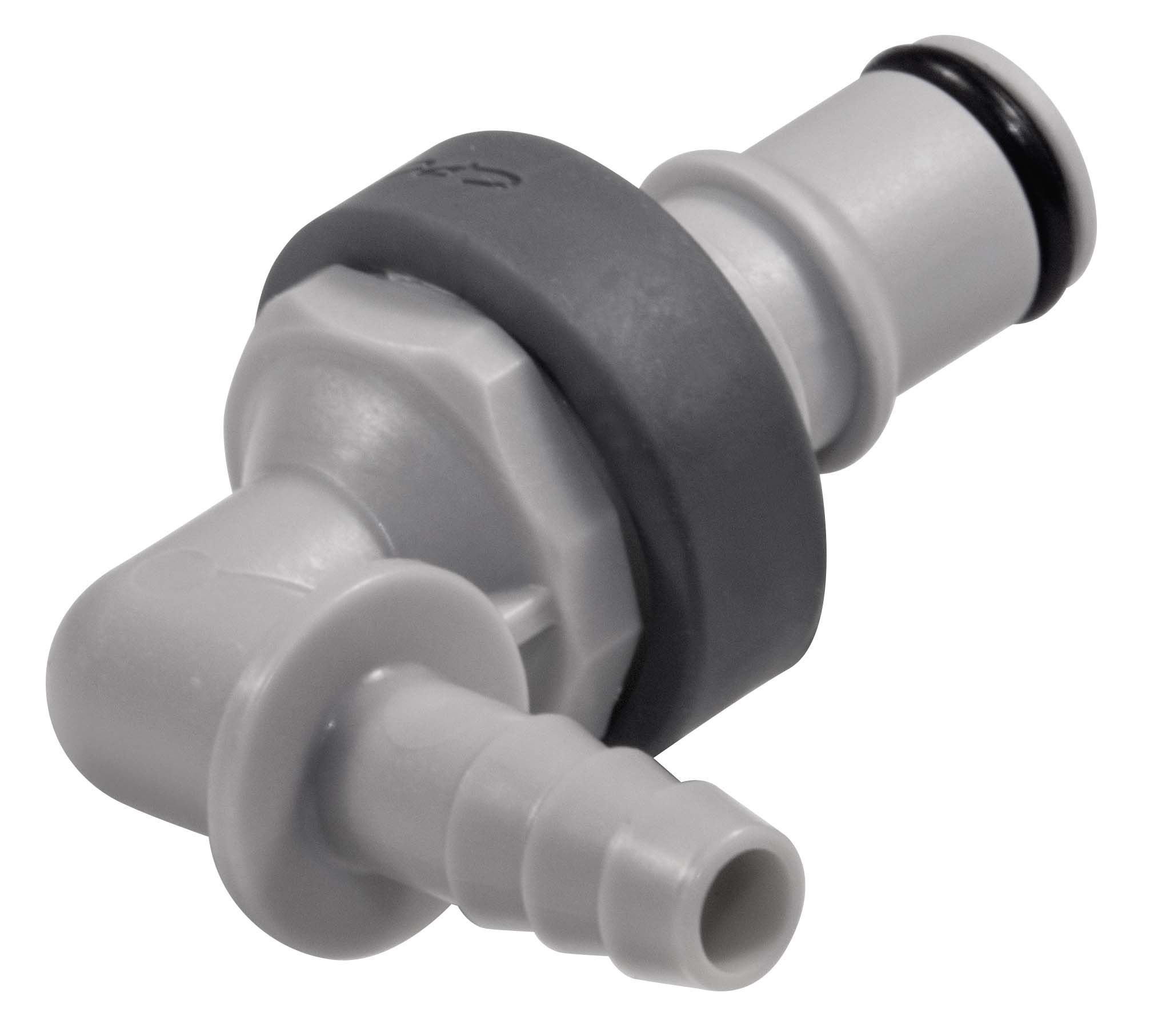 Elbow, Thumb Latch - NS4 Non-Spill Series Male to Tube Fitment 6,4mm (1/4") ID, PP (Polypropylene) - Glass Filled Grey, 1/4" Flow