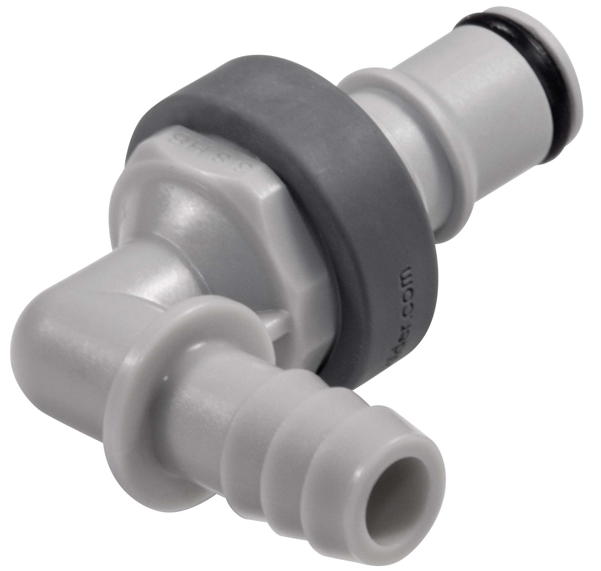 Elbow, Thumb Latch - NS4 Non-Spill Series Male to Tube Fitment 9,5mm (3/8") ID, PP (Polypropylene) - Glass Filled Grey, 1/4" Flow