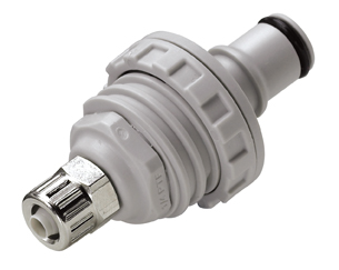 Panel Mount, Thumb Latch - NS4 Non-Spill Series Male to PTF (Push to Fit) 6,4mm (1/4") OD, PP (Polypropylene) - Glass Filled Grey, 1/4" Flow